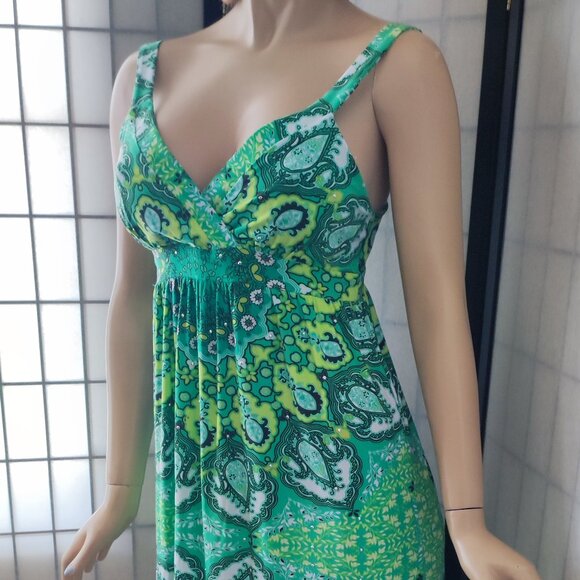 INC Boho-Inspired Green Paisley Faux Wrap Midi Dress with Stud Detail Sz M - Picture 1 of 9